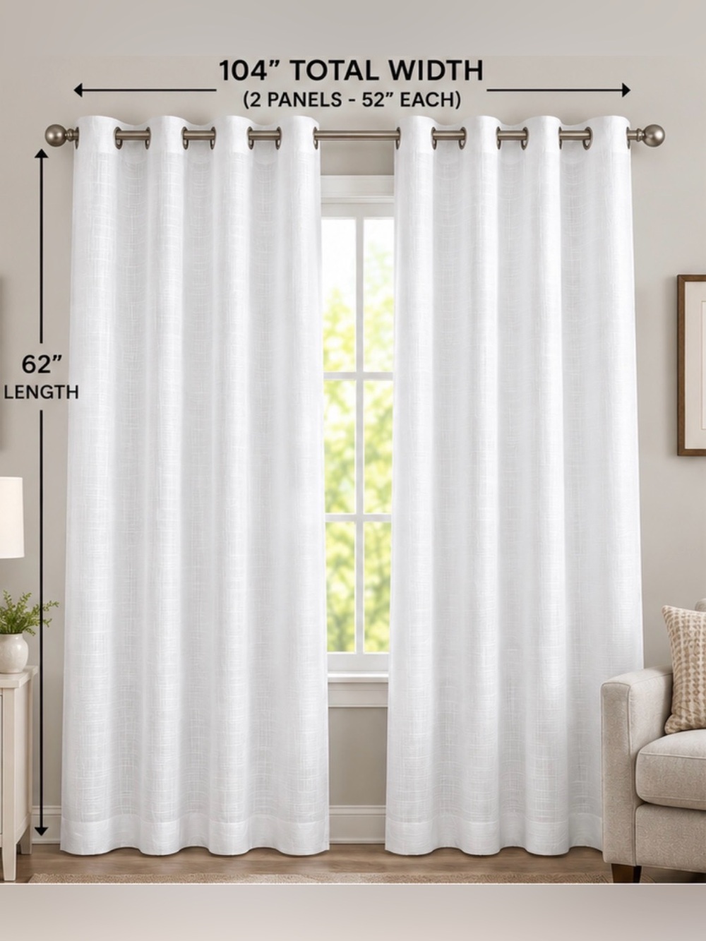2 White Curtain Panels 104”Wide  🤍 White Textured Curtains – 52” x 62” Each